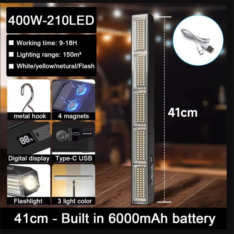 2025【High Power Magnetic LED Light Bar】41cm Portable USB Rechargeable Work Light 3 Modes IP66 Waterproof Emergency Power Bank
