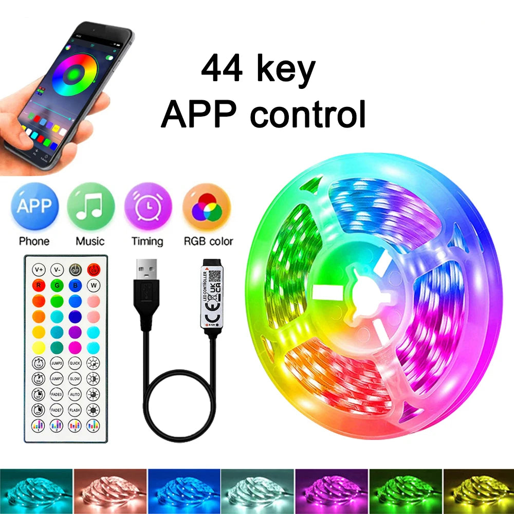 RGB LED Strip Light 1-40m with Music Sync, 44-Key Remote & APP Control, 5V USB Flexible Tape for Home TV Backlight Decor