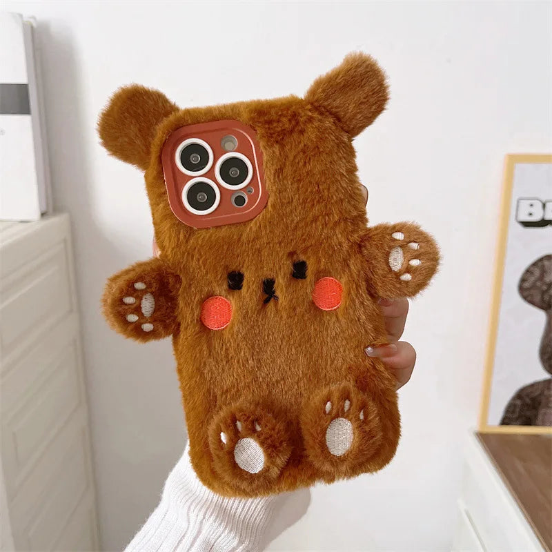 Korean 3D Cartoon Bear Fluffy Plush Couple Phone Case For iPhone 17 Air 16 15 14 13 12 11 Pro Max Shockproof Protective Cover