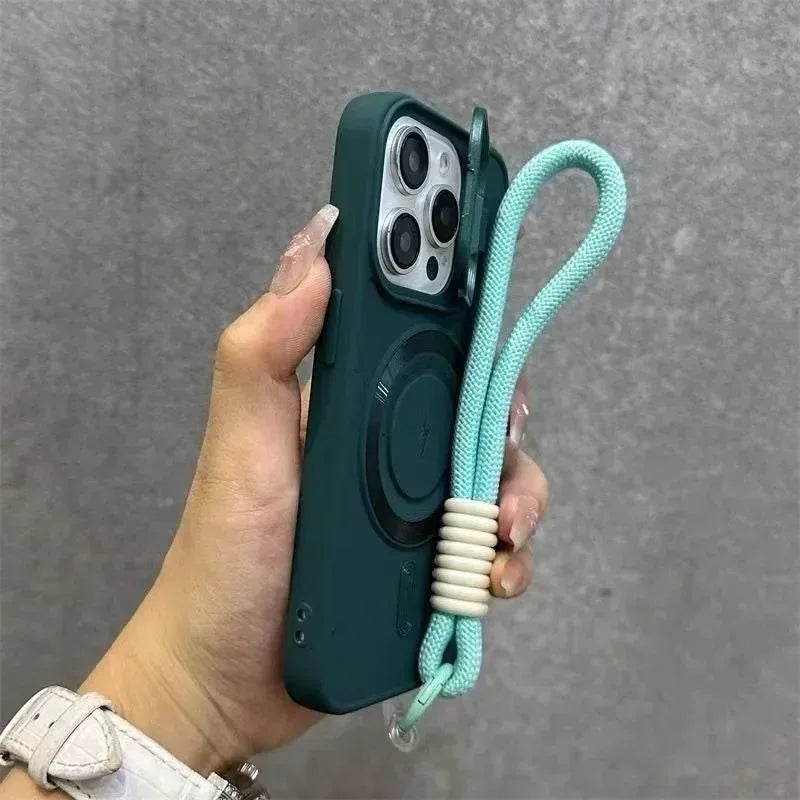 Luxury Flip Up Lens Holder Magnetic Phone Case for IPhone 17Air 16 15 14 13 12 11 Pro Max Plus Wristband Lanyard Soft Back Cover