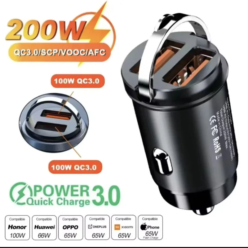 100W/200W QC3.0 PD Mini Car Charger 12-24V Lighter Fast Charging Car USB Type C Charger for Xiaomi Samsung Huawei iPhone Power