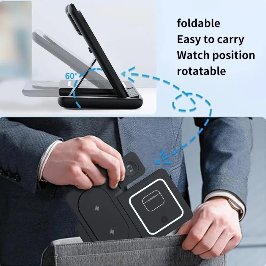 3 in 1 Foldable Night LED Light Wireless Charger Stand For iPhone Samsung Apple Watch 2-8 SE Airpods Pro Fast Charging Station