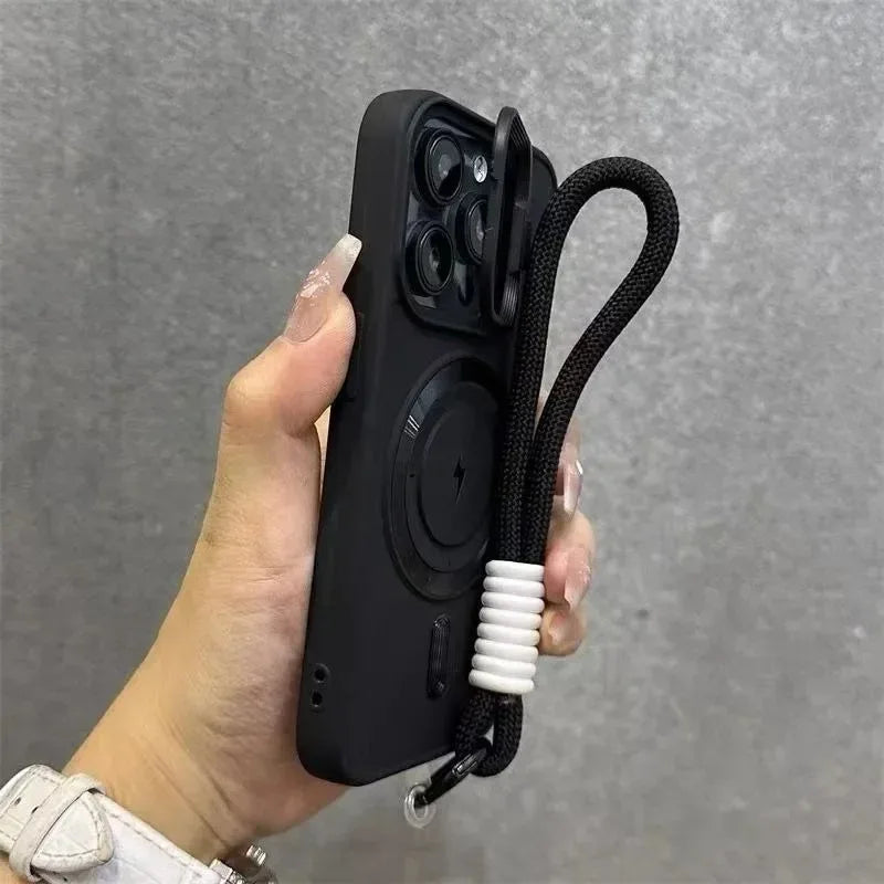 Luxury Flip Up Lens Holder Magnetic Phone Case for IPhone 17Air 16 15 14 13 12 11 Pro Max Plus Wristband Lanyard Soft Back Cover