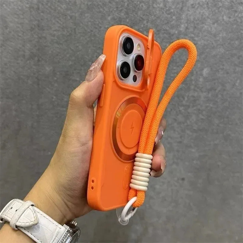 Luxury Flip Up Lens Holder Magnetic Phone Case for IPhone 17Air 16 15 14 13 12 11 Pro Max Plus Wristband Lanyard Soft Back Cover