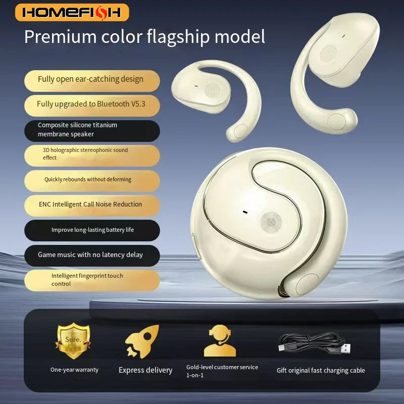 HOMEFISH New Open Ear Wireless Translation Earbuds Bluetooth 5.4 AI Real-time Translator Headphones Sports Earphones with Mic