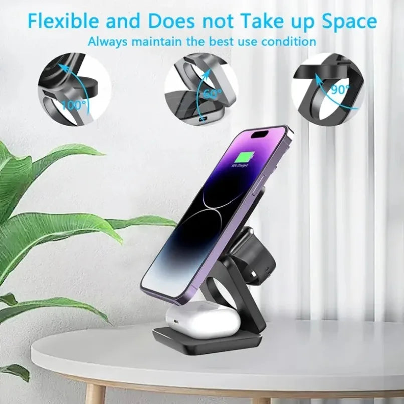 3 in 1 Foldable Magnetic Wireless Charger Stand for MagSafe Compatible iPhone 17 16 15 Apple Watch AirPods Pro 2 Strong Magnetic