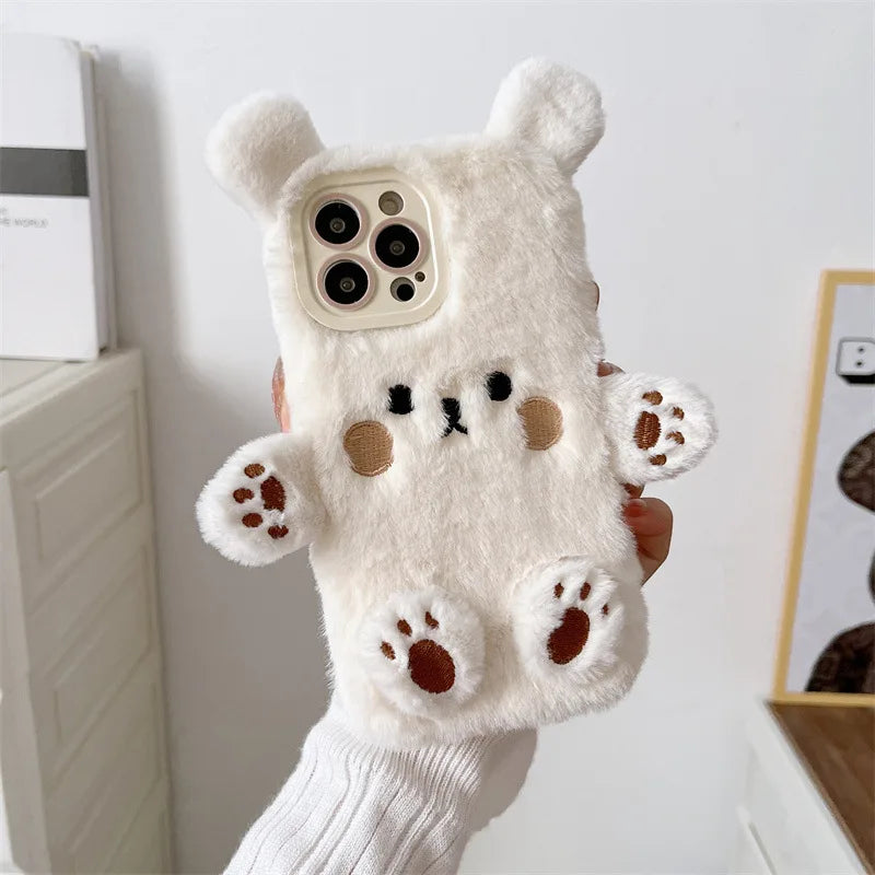 Korean 3D Cartoon Bear Fluffy Plush Couple Phone Case For iPhone 17 Air 16 15 14 13 12 11 Pro Max Shockproof Protective Cover