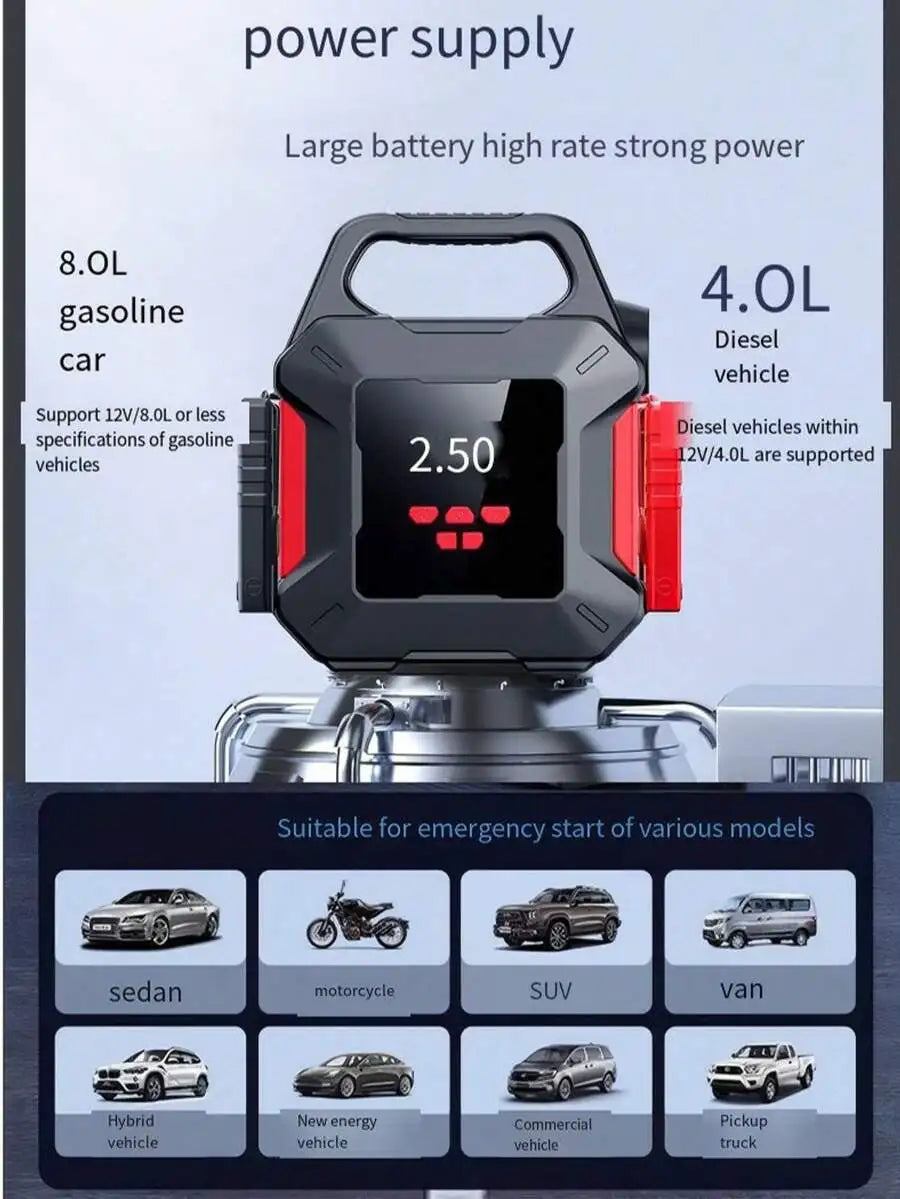 Compact 600A Peak 150PSI Dual-Use Car Jump Starter And Tire Inflator With Power Bank, LED Light, And Carry Bag For Emergency Use