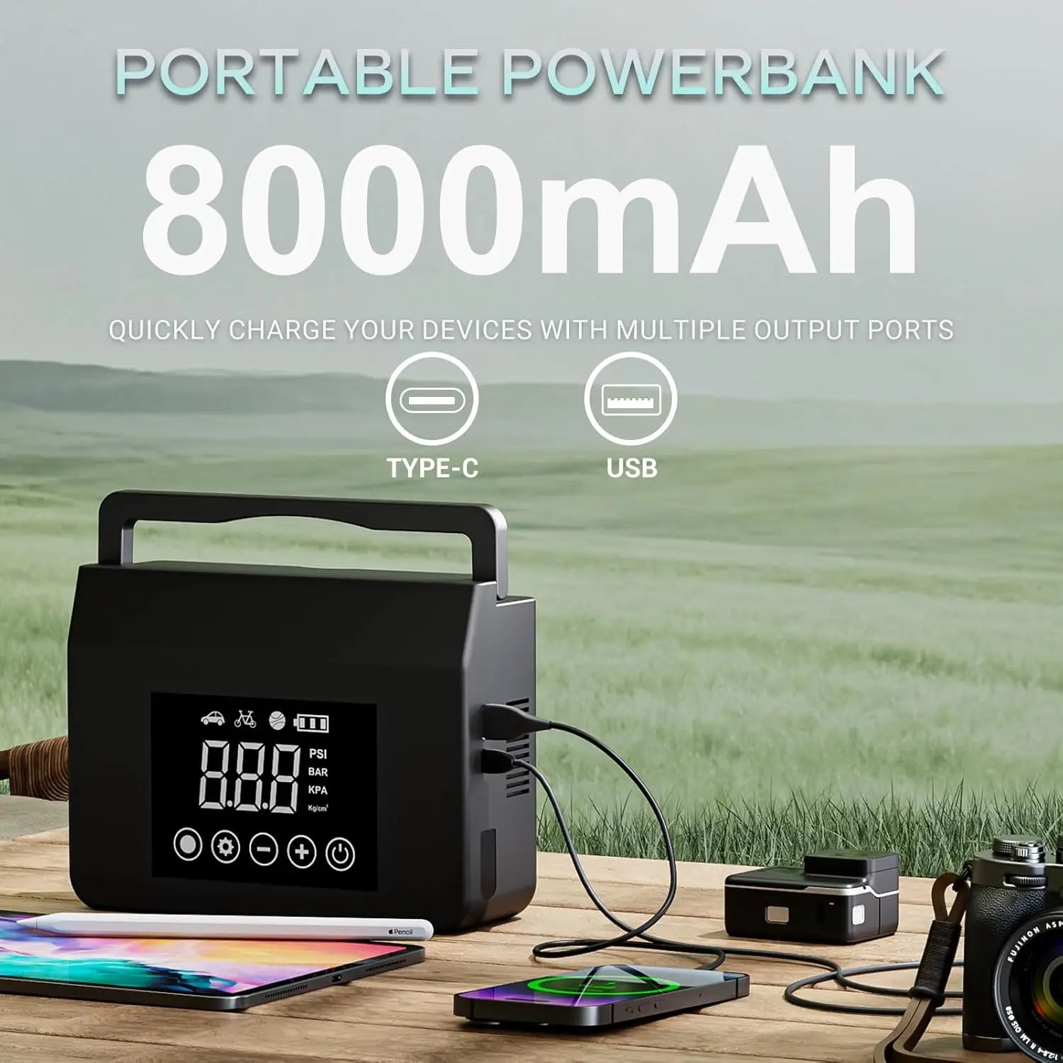4000A Portable Jump Starter with Air Compressor, 12V Car Battery Power, 150PSI Tire Inflator, 15000mAh PowerBank & Quick Charge