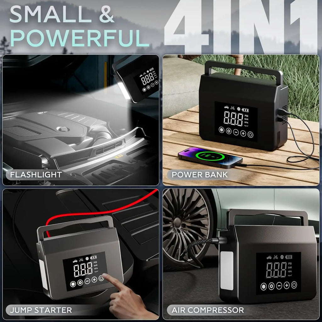 4000A Portable Jump Starter with Air Compressor, 12V Car Battery Power, 150PSI Tire Inflator, 15000mAh PowerBank & Quick Charge
