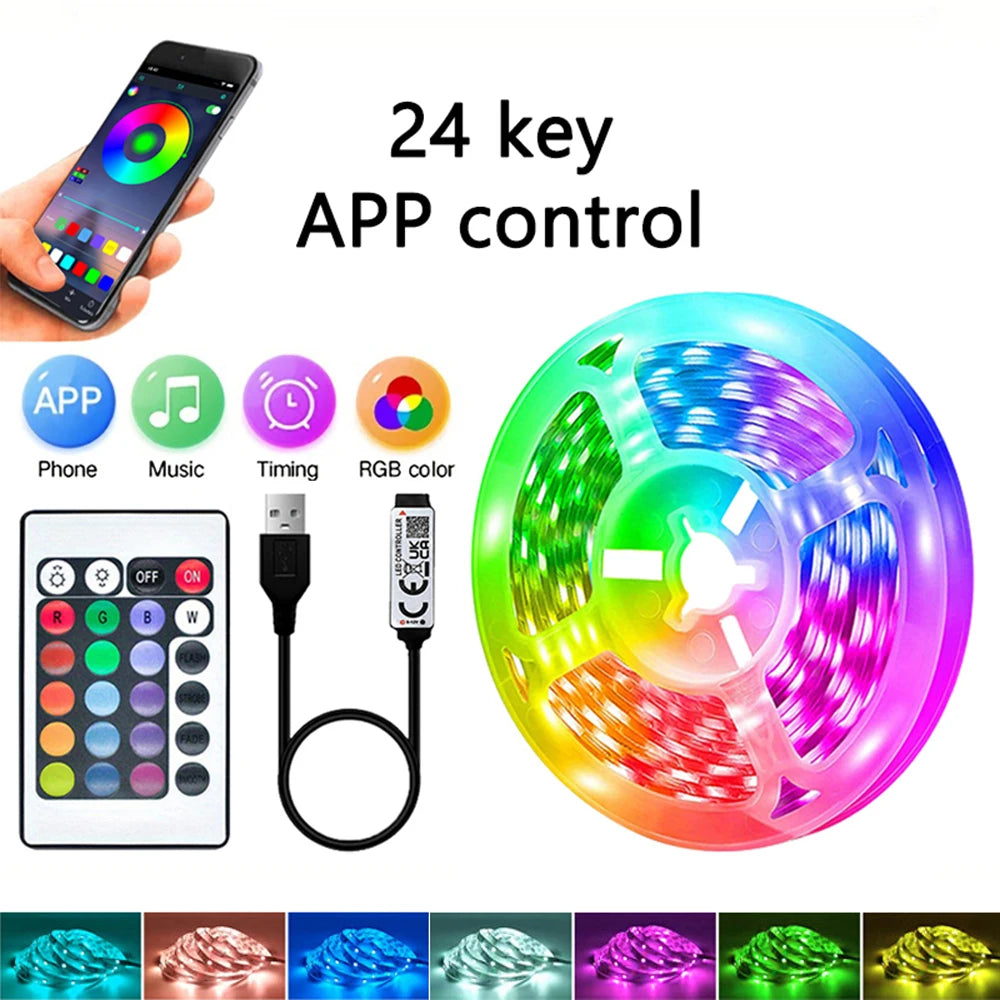 RGB LED Strip Light 1-40m with Music Sync, 44-Key Remote & APP Control, 5V USB Flexible Tape for Home TV Backlight Decor