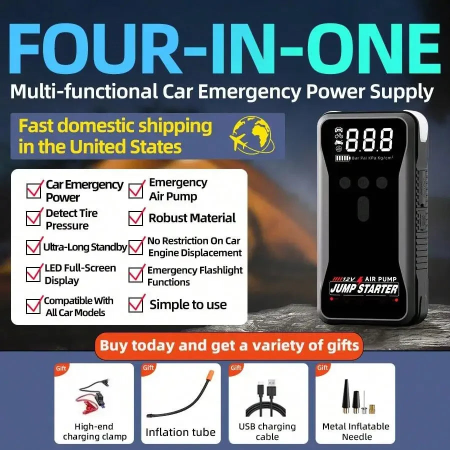 12V 8000A Smart Car Jump Starter With Air Pump Power Bank Flashlight For Gasoline Vehicles