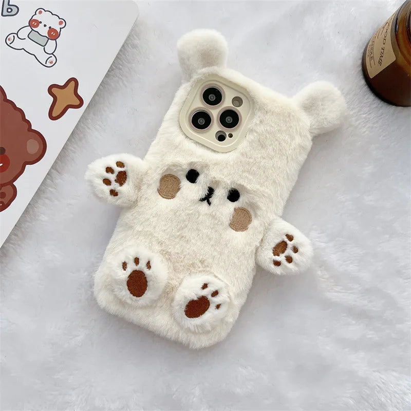 Korean 3D Cartoon Bear Fluffy Plush Couple Phone Case For iPhone 17 Air 16 15 14 13 12 11 Pro Max Shockproof Protective Cover