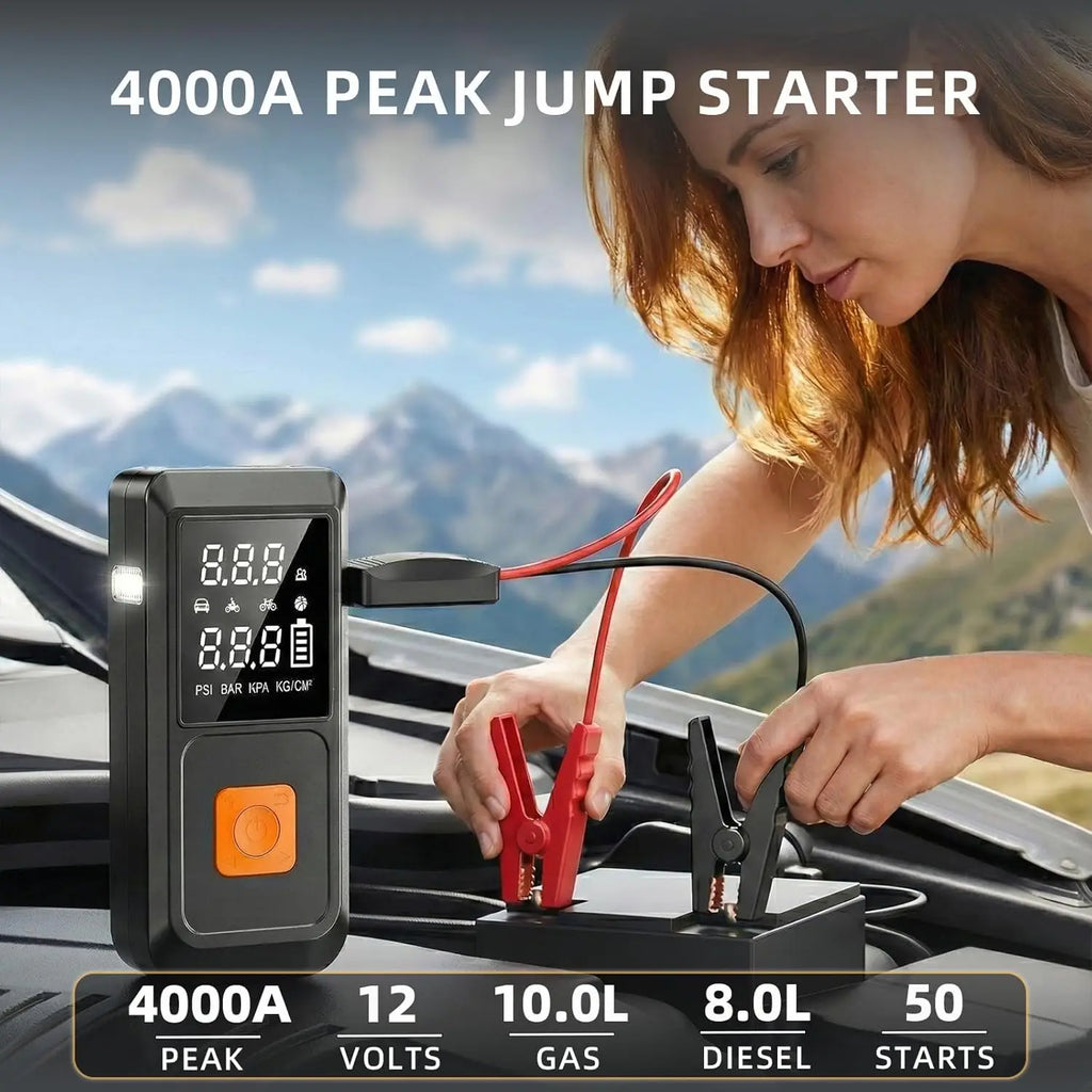 Portable Car Battery Jumper Starter with Air Compressor, 150PSI Tire Inflator, LED Light & Power Bank - Emergency Kit
