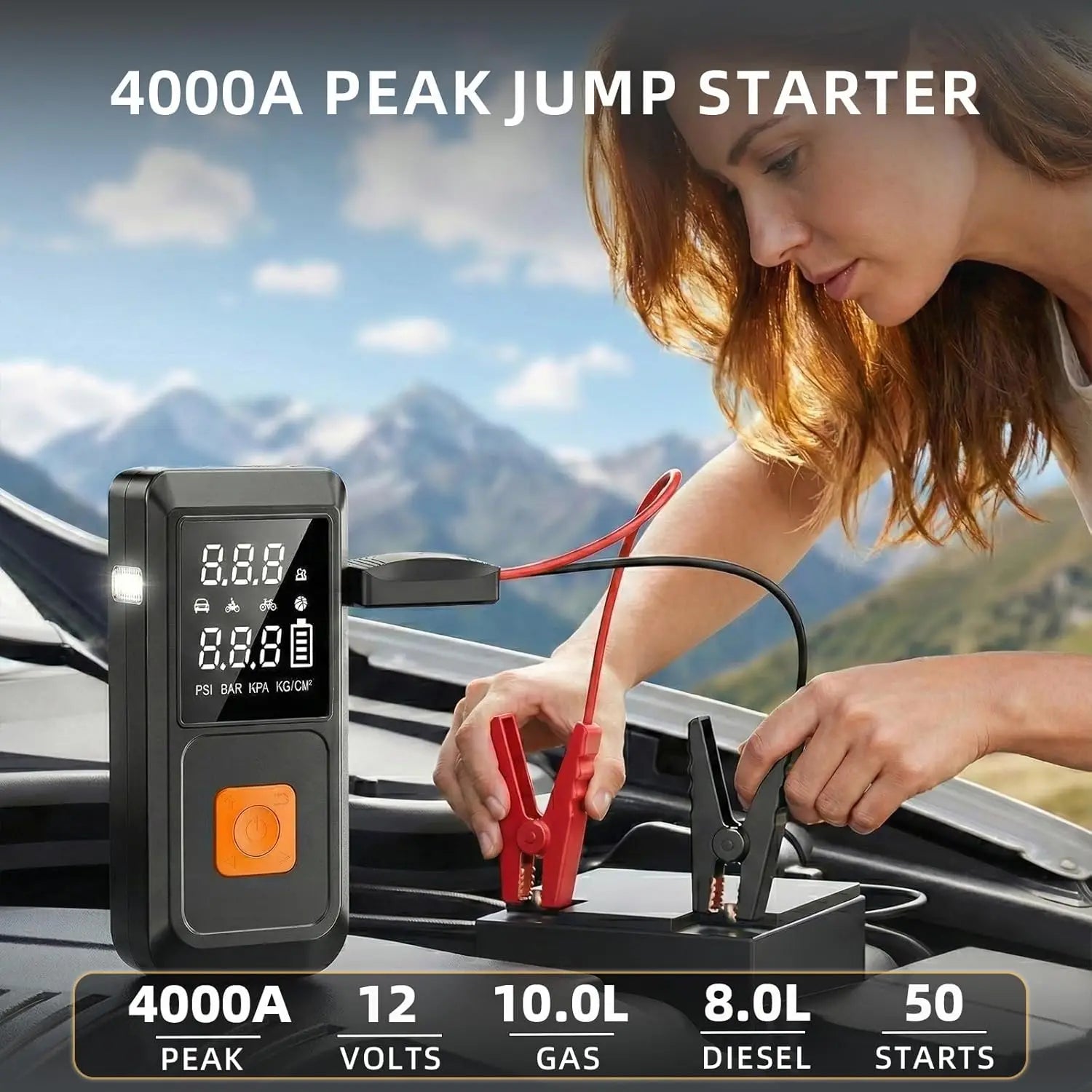 Portable Car Battery Jumper Starter with Air Compressor, 150PSI Tire Inflator, LED Light & Power Bank - Emergency Kit