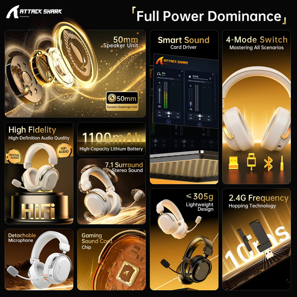 ATTACK SHARK L30PRO Noise Canceling Bluetooth Gaming Headphones 7.1 Channel Surround Sound Portable Audio Headphones