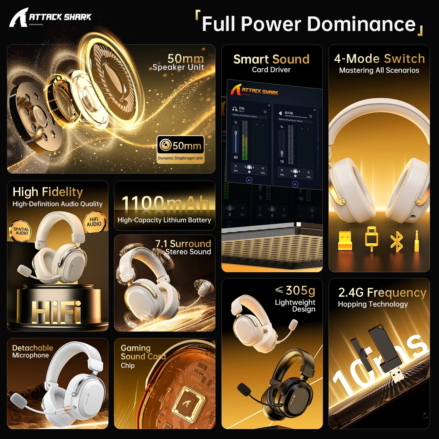 ATTACK SHARK L30PRO Noise Canceling Bluetooth Gaming Headphones 7.1 Channel Surround Sound Portable Audio Headphones