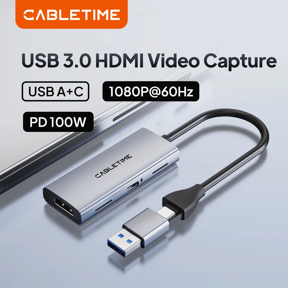 CABLETIME USB 3.0 HDMI Video Capture Card PD 100W 5Gbps USB A+C Aluminum 1080p Full HD for Meta Quest 3 PS5 Srteaming Switch 1/2