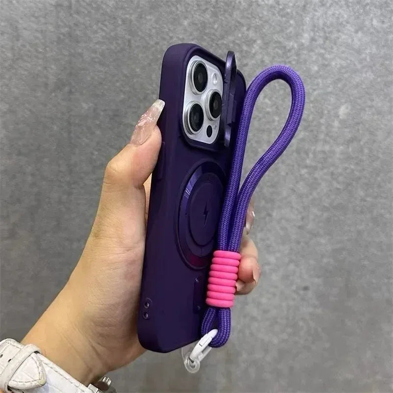 Luxury Flip Up Lens Holder Magnetic Phone Case for IPhone 17Air 16 15 14 13 12 11 Pro Max Plus Wristband Lanyard Soft Back Cover