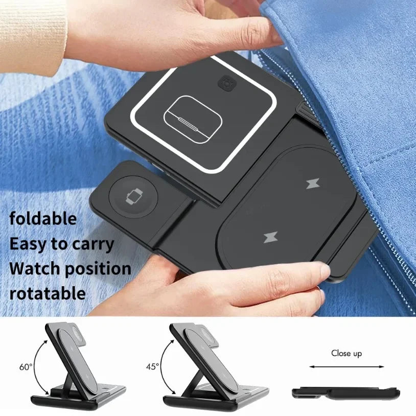 3 in 1 Foldable Wireless Charger Desk Stand For Samsung S24 S23 Galaxy Watch 2-8 Active 1 2 Buds Pro LED Fast Charging Station