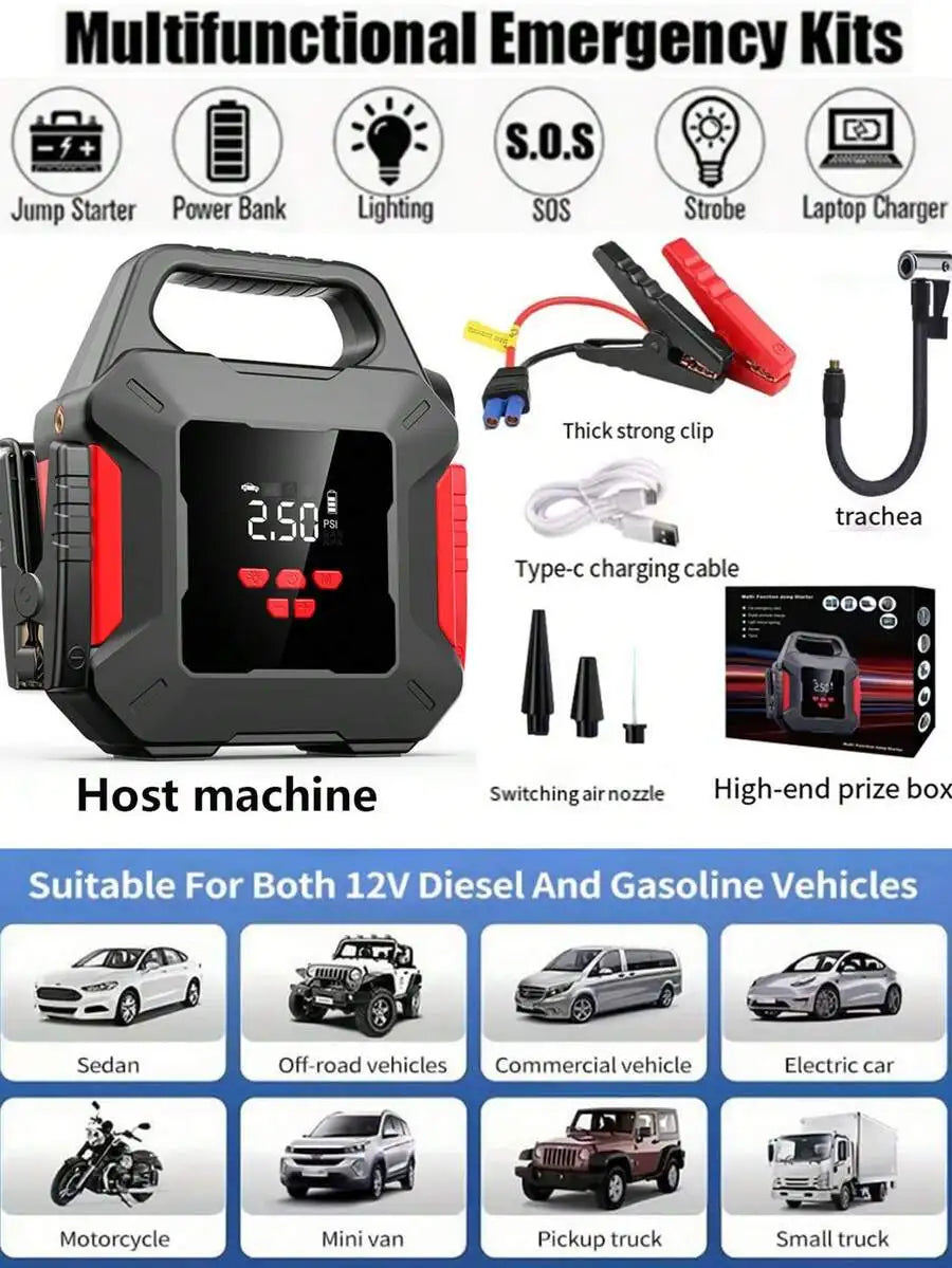 Compact 600A Peak 150PSI Dual-Use Car Jump Starter And Tire Inflator With Power Bank, LED Light, And Carry Bag For Emergency Use