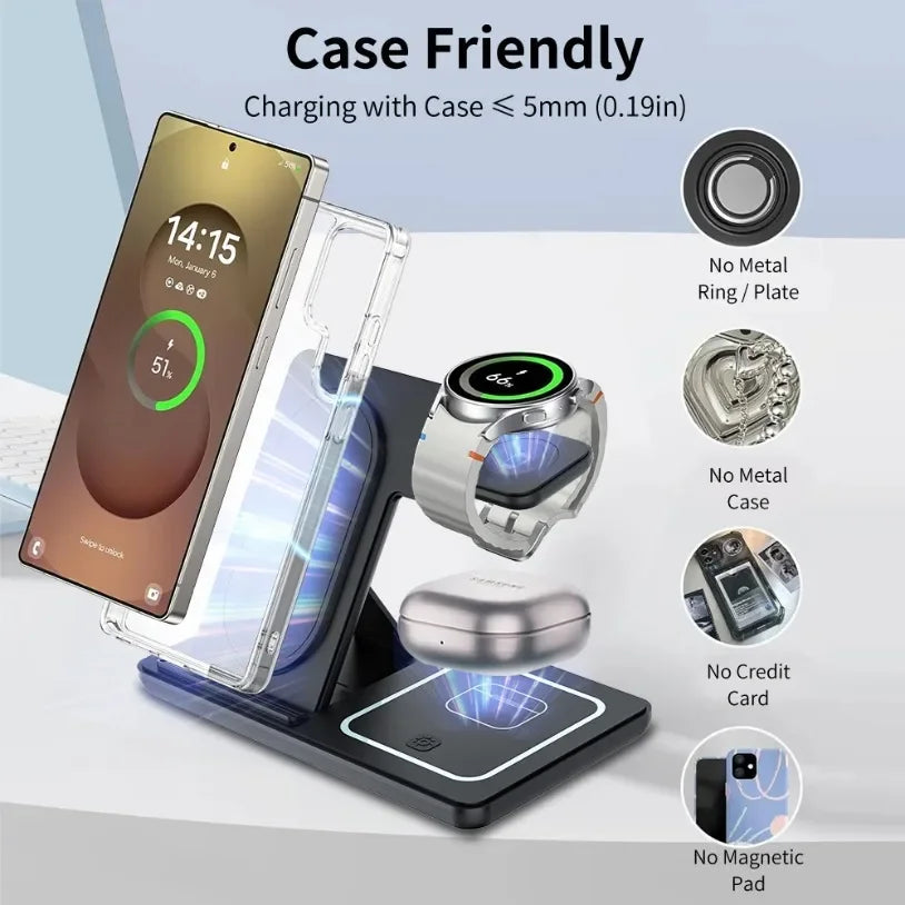3 in 1 Foldable Wireless Charger Desk Stand For Samsung S24 S23 Galaxy Watch 2-8 Active 1 2 Buds Pro LED Fast Charging Station