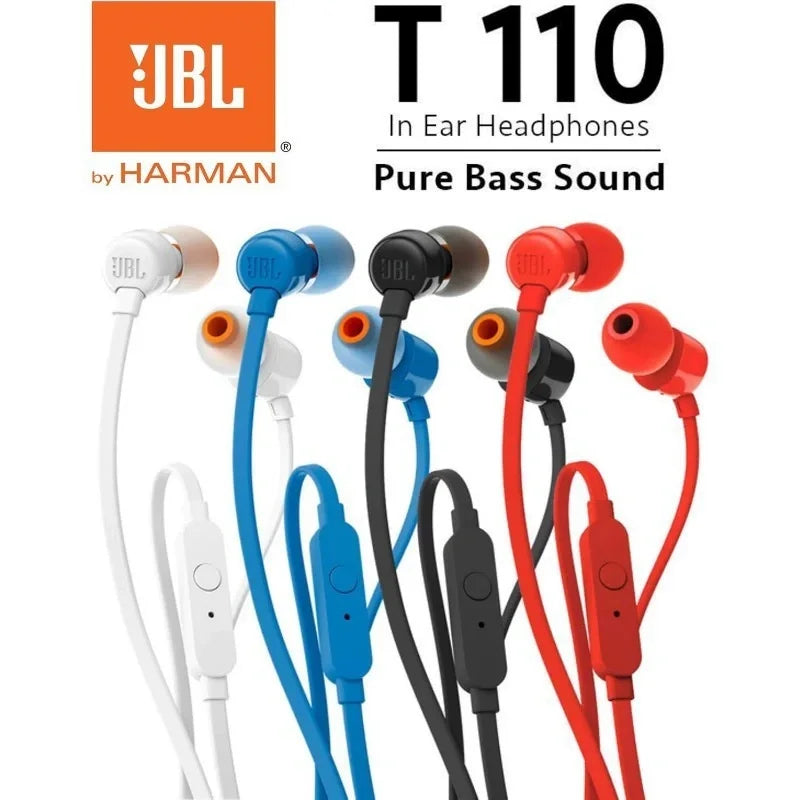 JBL T110 Wired In Ear Headphones With Mic 9mm Dynamic Driver Deep Bass Noise Isolating Soft Ear Tips  cable saver 0.3m cable