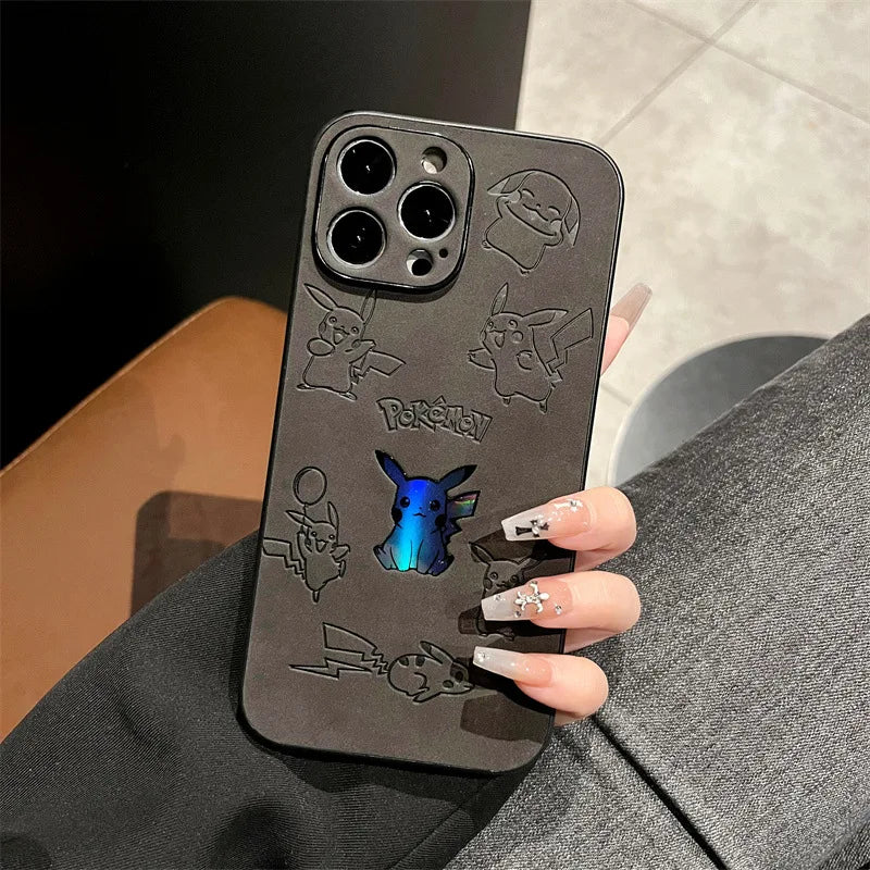 Cartoon Pikachu Faux Leather Laser Phone Case For iPhone 15 14 13 12 11 16 Pro Max XS XR X 7 8 Plus Shockproof Protective Cover