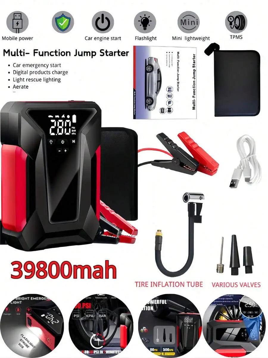 Compact 600A Peak 150PSI Dual-Use Car Jump Starter And Tire Inflator With Power Bank, LED Light, And Carry Bag For Emergency Use