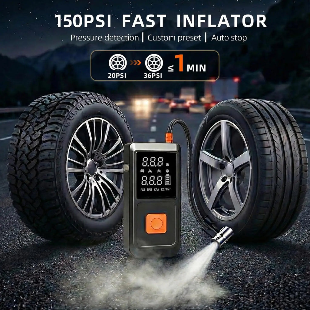 Portable Car Battery Jumper Starter with Air Compressor, 150PSI Tire Inflator, LED Light & Power Bank - Emergency Kit