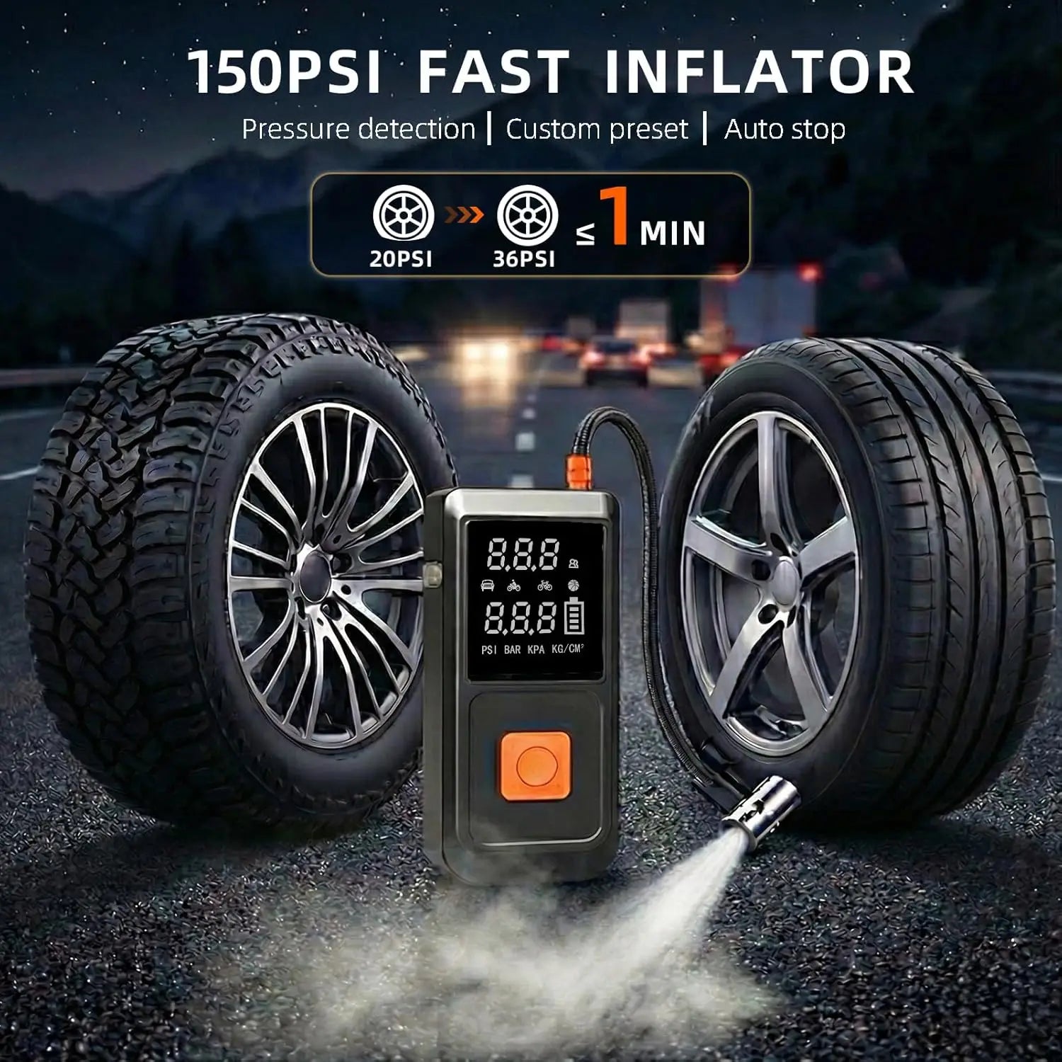 Portable Car Battery Jumper Starter with Air Compressor, 150PSI Tire Inflator, LED Light & Power Bank - Emergency Kit