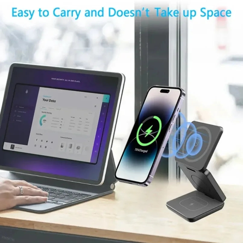 3 in 1 Foldable Magnetic Wireless Charger Stand for MagSafe Compatible iPhone 17 16 15 Apple Watch AirPods Pro 2 Strong Magnetic