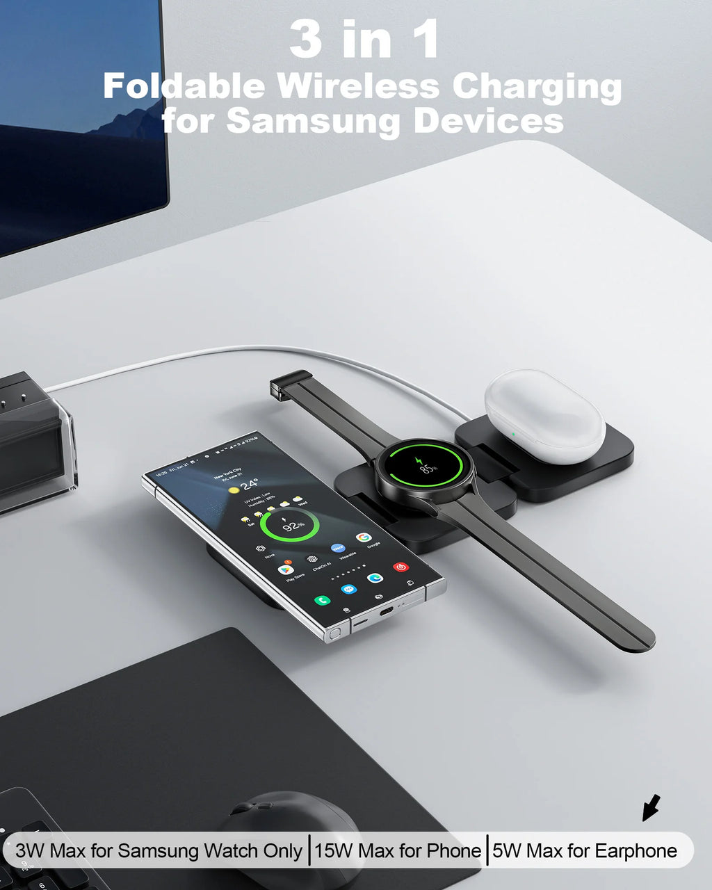 3 in 1 Wireless Charger Station for Samsung  Galaxy S24 Ultra S23 S22 Note 20 Z Fold Flip 6 5, Galaxy Watch Ultra 7 6 5, Buds