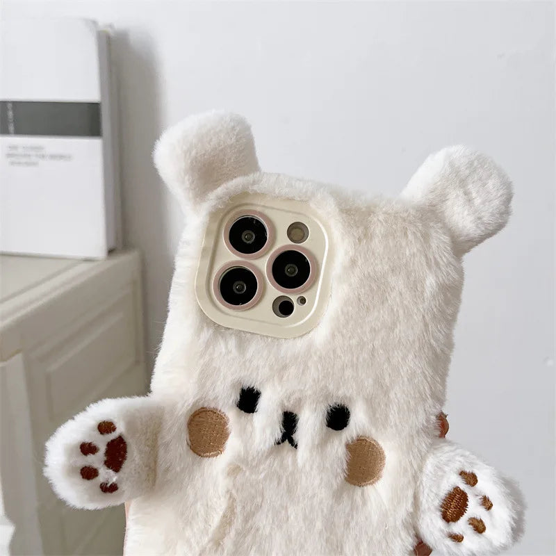 Korean 3D Cartoon Bear Fluffy Plush Couple Phone Case For iPhone 17 Air 16 15 14 13 12 11 Pro Max Shockproof Protective Cover