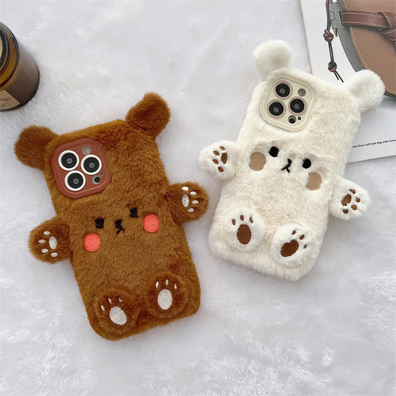 Korean 3D Cartoon Bear Fluffy Plush Couple Phone Case For iPhone 17 Air 16 15 14 13 12 11 Pro Max Shockproof Protective Cover