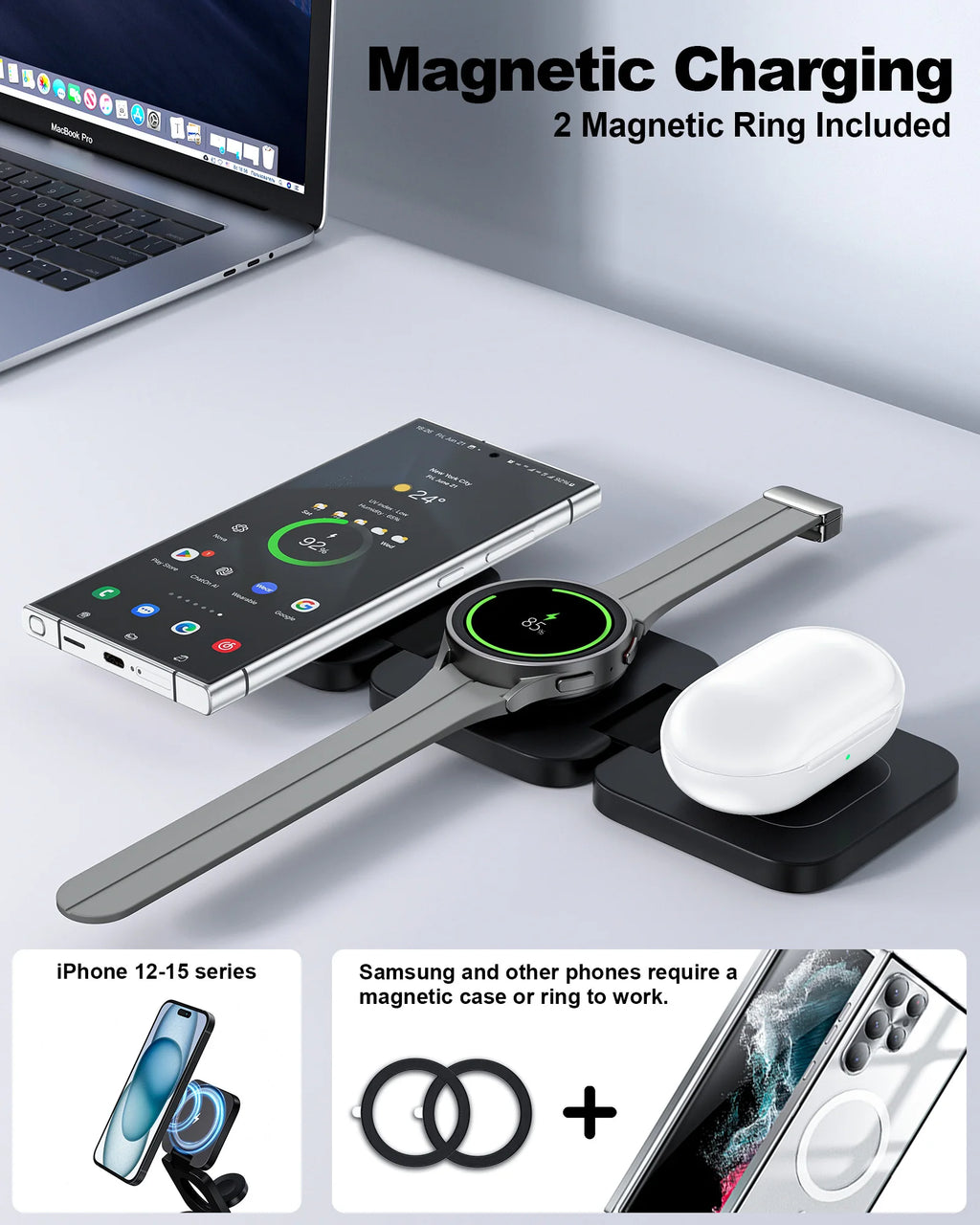 3 in 1 Wireless Charger Station for Samsung  Galaxy S24 Ultra S23 S22 Note 20 Z Fold Flip 6 5, Galaxy Watch Ultra 7 6 5, Buds