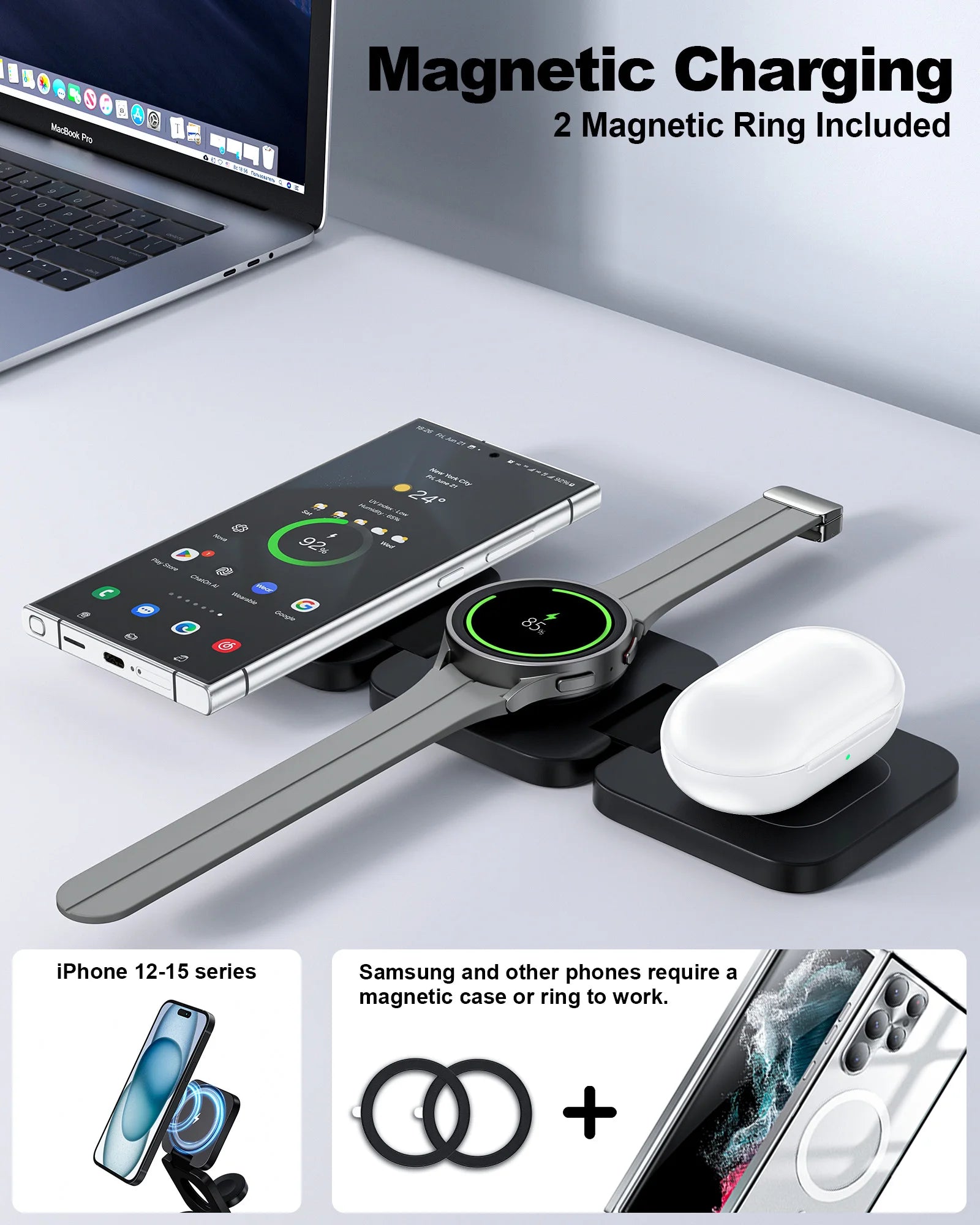 3 in 1 Wireless Charger Station for Samsung  Galaxy S24 Ultra S23 S22 Note 20 Z Fold Flip 6 5, Galaxy Watch Ultra 7 6 5, Buds