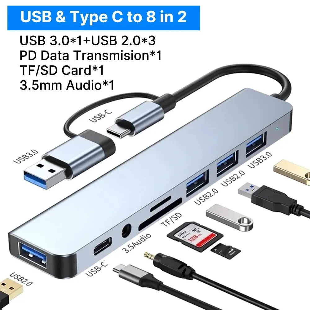 TYPE-C Hub USB3.0 Hub 8 in 2 USB Extender with SD/TF Card Reader& 3.5mm Audio Jack for MacBook/PC/Laptop/Tablet Devices Splitter
