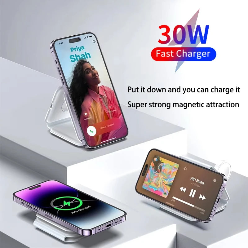 Universal Qi2 Magnetic Foldable Charging Station 30w Travel Charger for iPhone Samsung Xiaomi OPPO 3 in 1 Wireless Charger