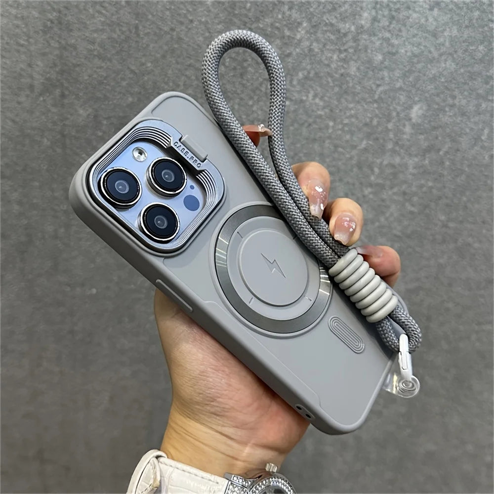 Luxury Flip Up Lens Holder Magnetic Phone Case for IPhone 17Air 16 15 14 13 12 11 Pro Max Plus Wristband Lanyard Soft Back Cover