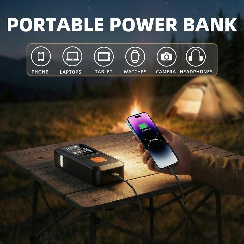 Portable Car Battery Jumper Starter with Air Compressor, 150PSI Tire Inflator, LED Light & Power Bank - Emergency Kit