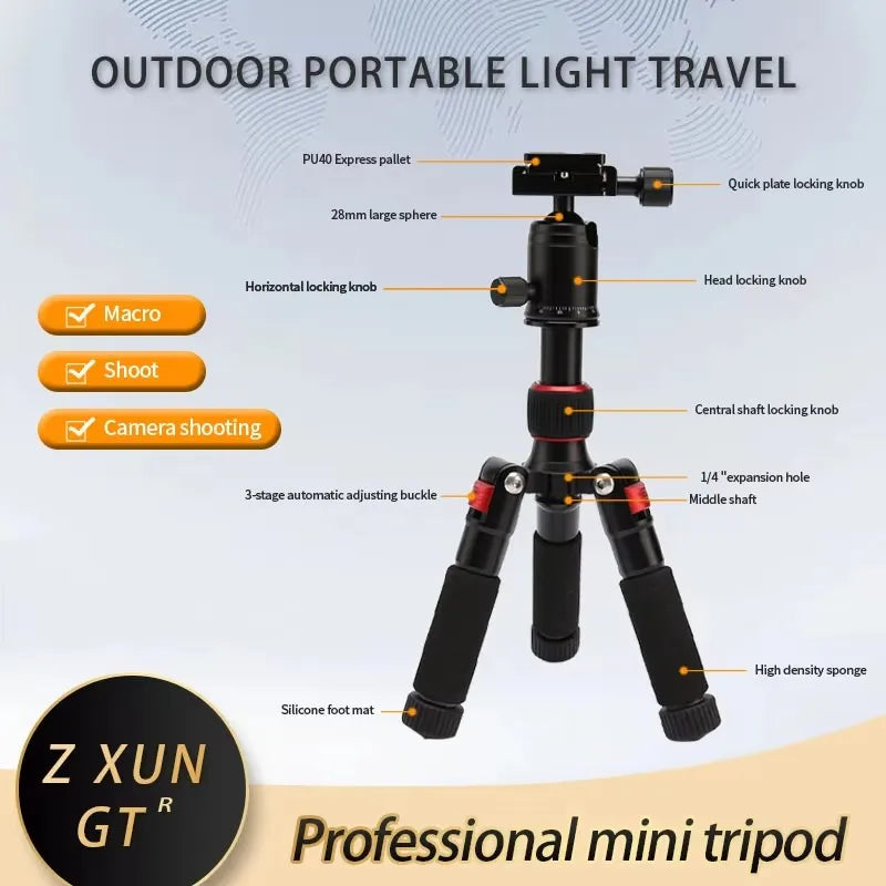 Portable tripod, lightweight travel stand, desktop video mini tripod with 360 degree ball head, suitable for outdoor travel shoo