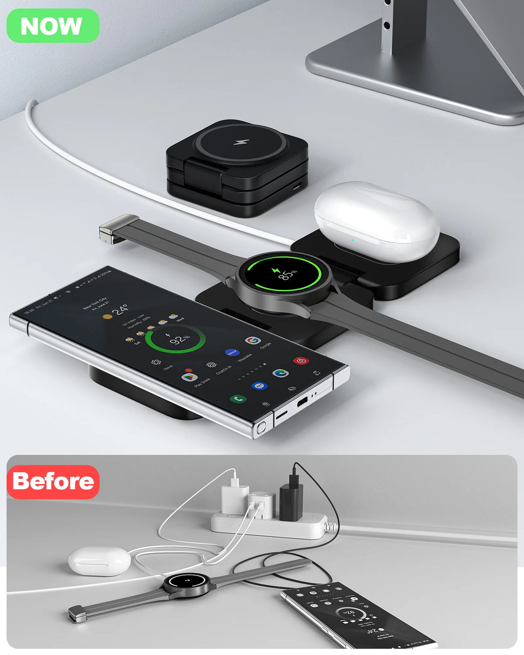 3 in 1 Wireless Charger Station for Samsung  Galaxy S24 Ultra S23 S22 Note 20 Z Fold Flip 6 5, Galaxy Watch Ultra 7 6 5, Buds