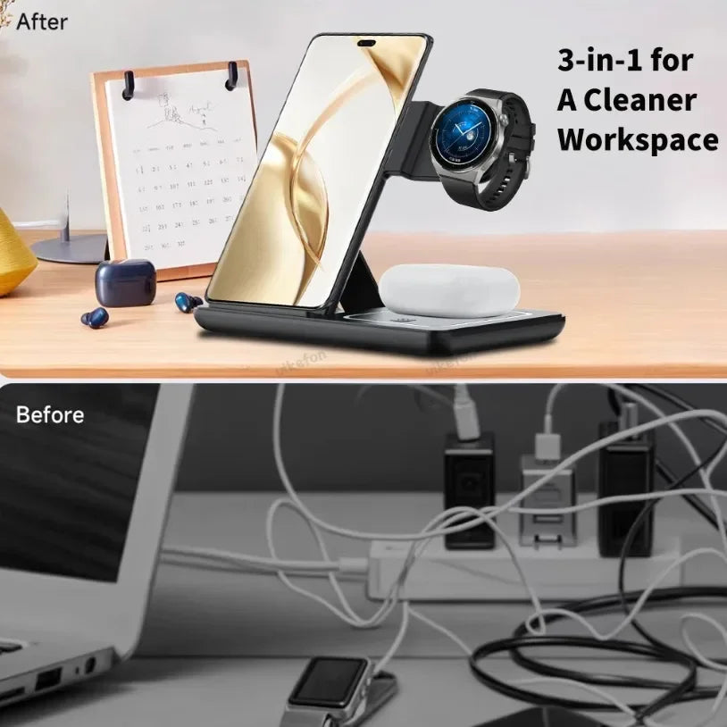 3 in 1 Foldable Wireless Charger Desk Stand For Samsung S24 S23 Galaxy Watch 2-8 Active 1 2 Buds Pro LED Fast Charging Station