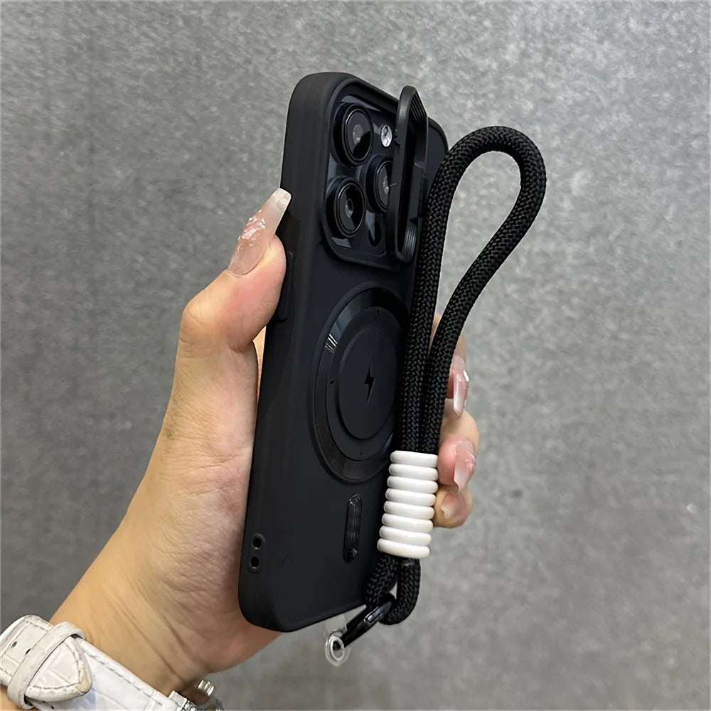 Luxury Flip Up Lens Holder Magnetic Phone Case for IPhone 17Air 16 15 14 13 12 11 Pro Max Plus Wristband Lanyard Soft Back Cover