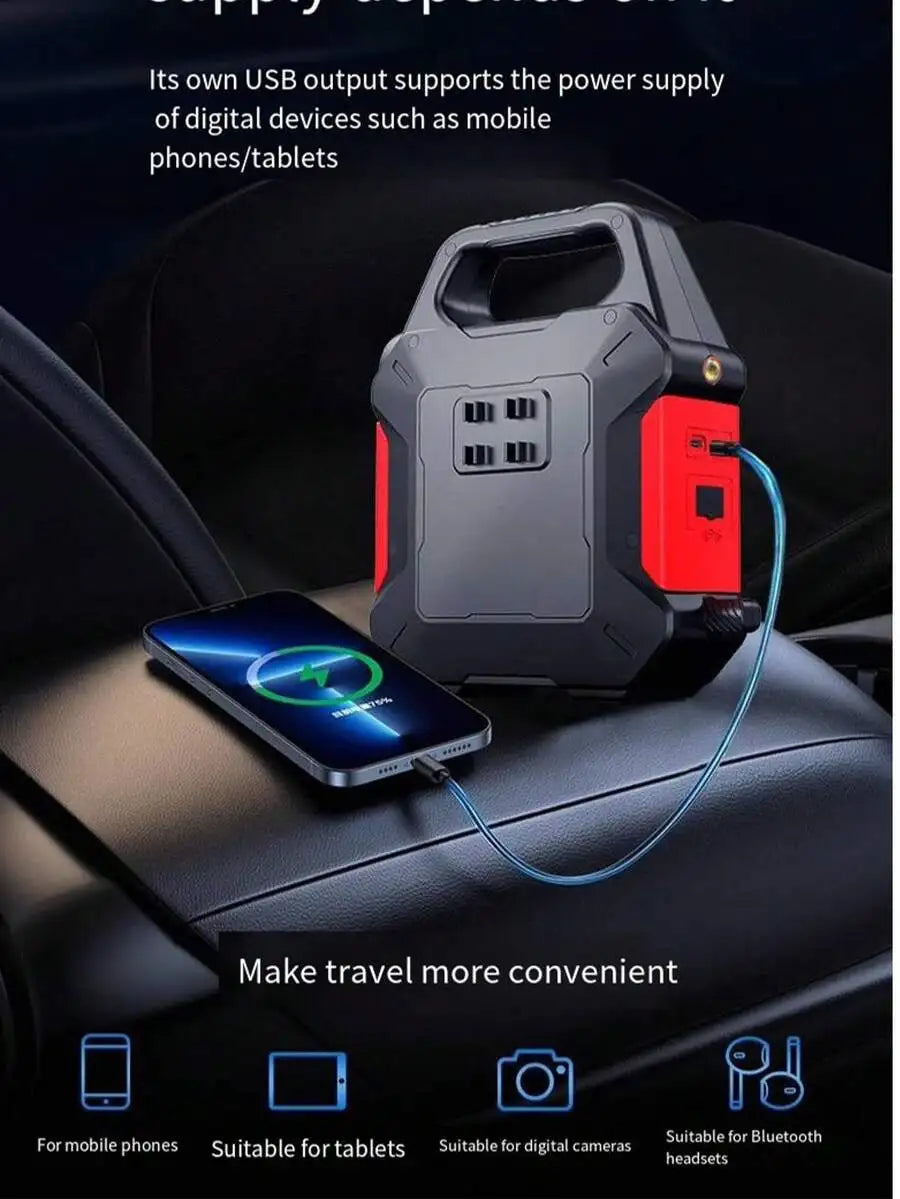 Compact 600A Peak 150PSI Dual-Use Car Jump Starter And Tire Inflator With Power Bank, LED Light, And Carry Bag For Emergency Use