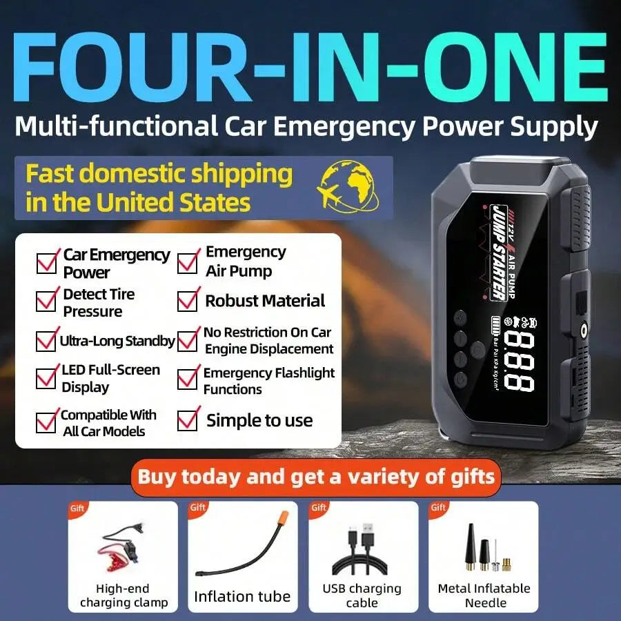 12V 8000A Portable Smart Jump Starter With 28100mAh Power Bank, Digital Air Pump, 400LUX LED Flashlight, USB-C & Type-A Ports