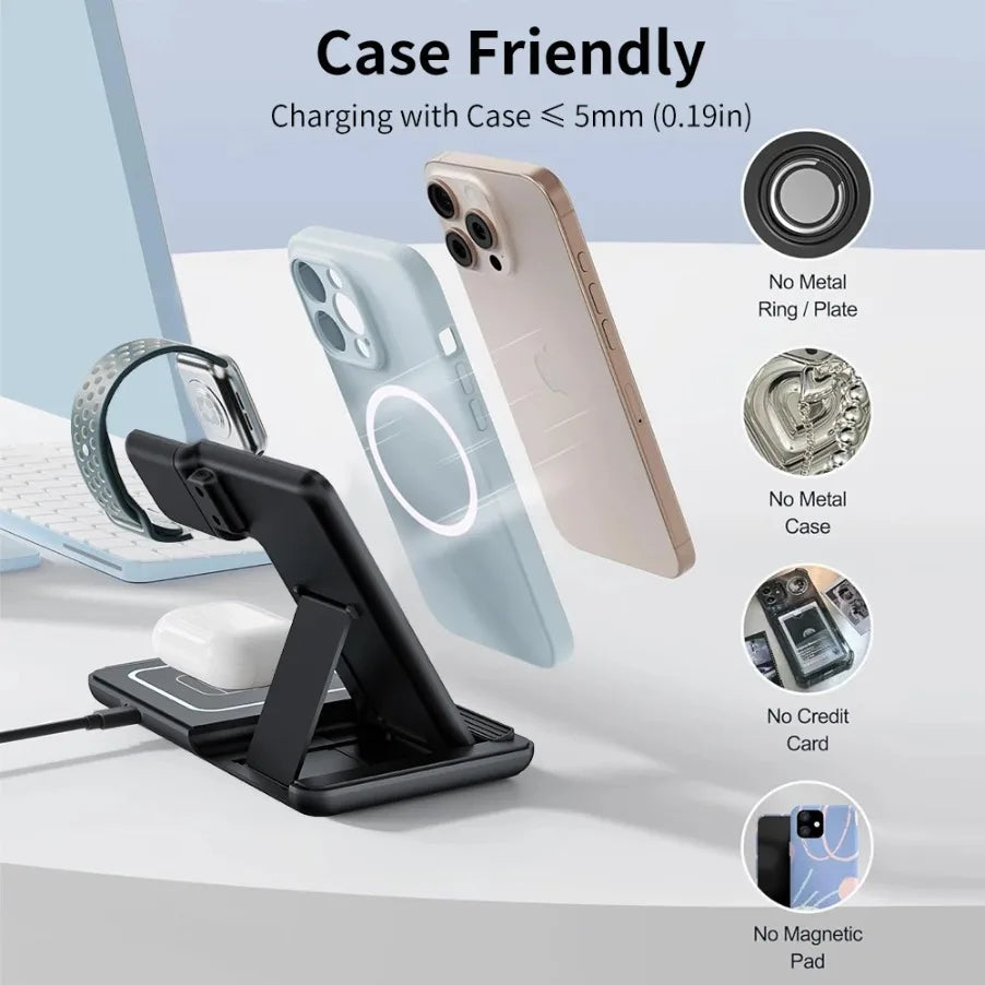 3 in 1 Foldable Night LED Light Wireless Charger Stand For iPhone Samsung Apple Watch 2-8 SE Airpods Pro Fast Charging Station