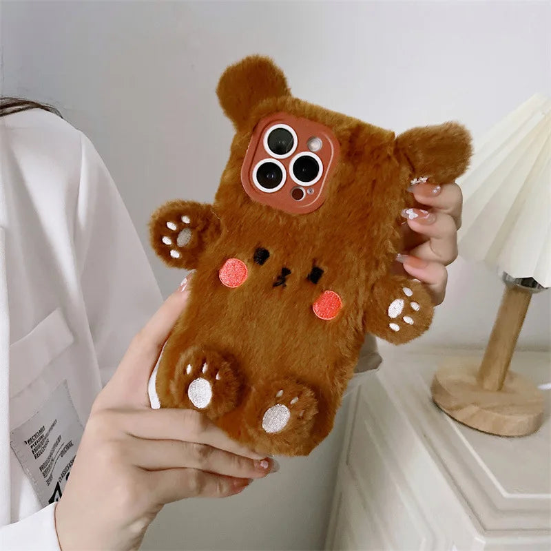 Korean 3D Cartoon Bear Fluffy Plush Couple Phone Case For iPhone 17 Air 16 15 14 13 12 11 Pro Max Shockproof Protective Cover