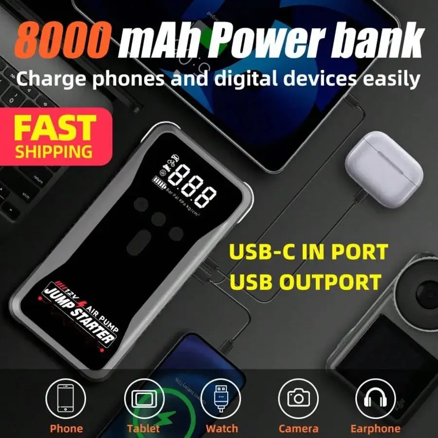 12V 8000A Smart Car Jump Starter With Air Pump Power Bank Flashlight For Gasoline Vehicles